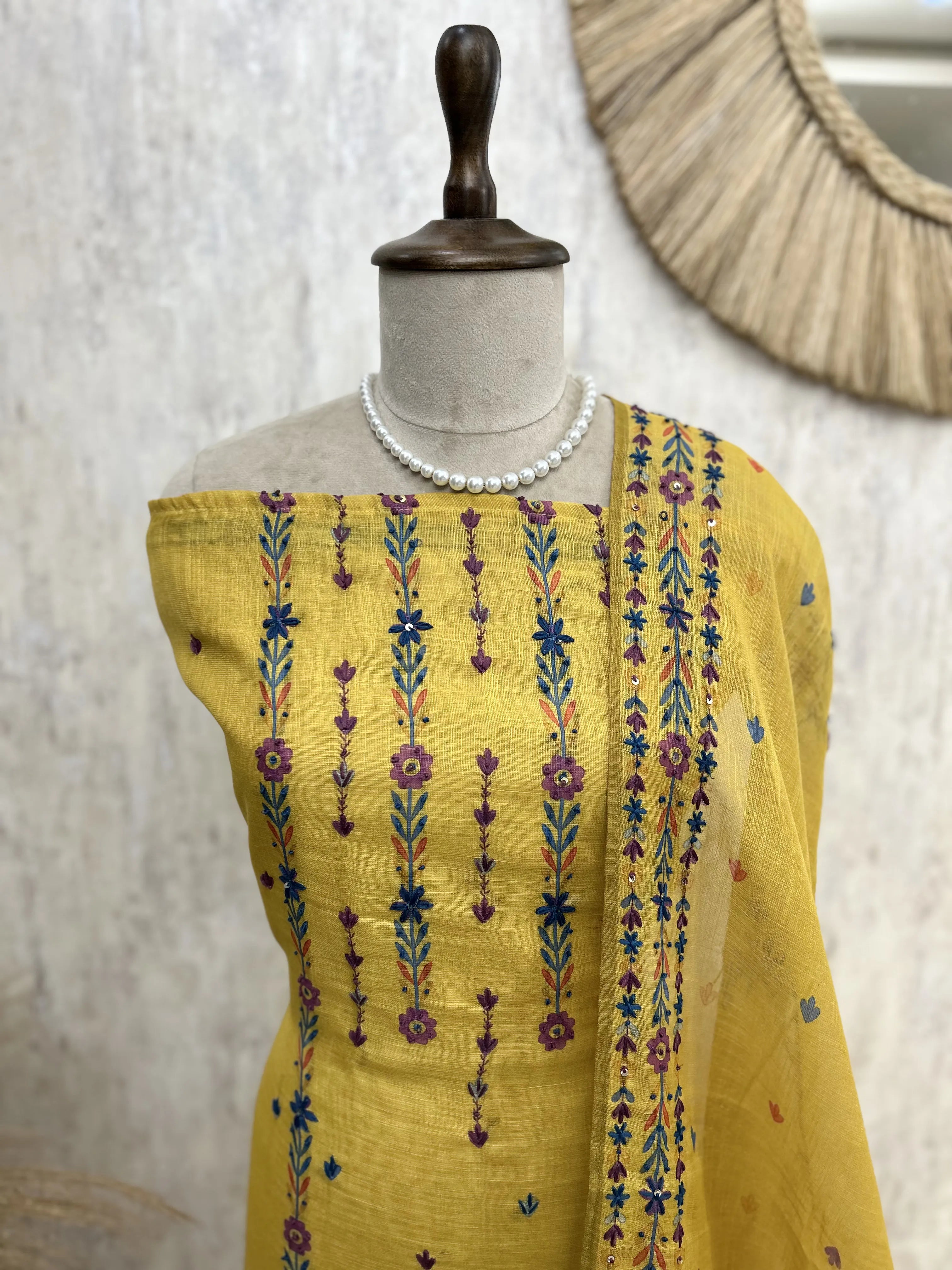 Jamdani Linen Unstitched Suit Set With Kantha Work