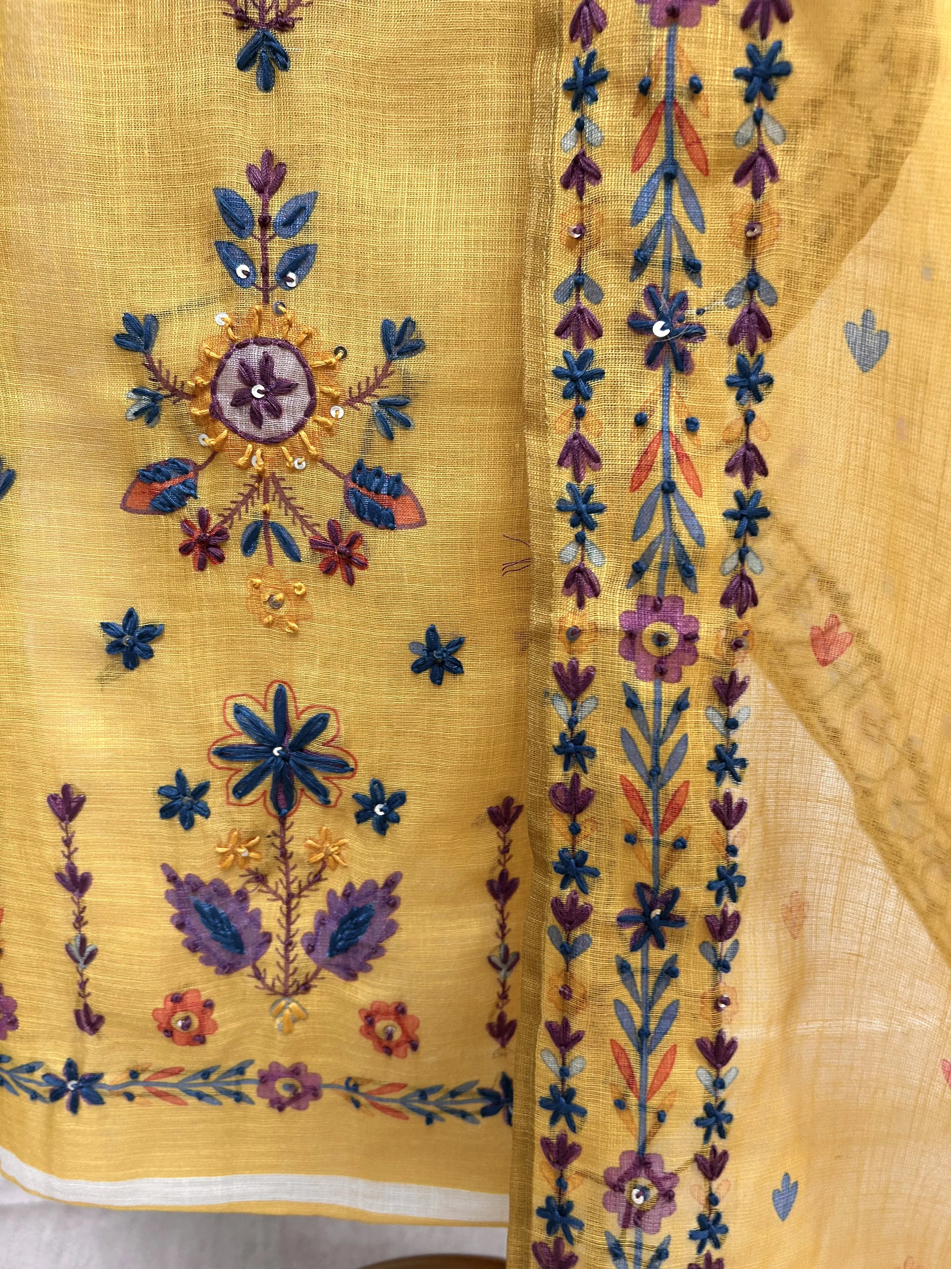 Jamdani Linen Unstitched Suit Set With Kantha Work