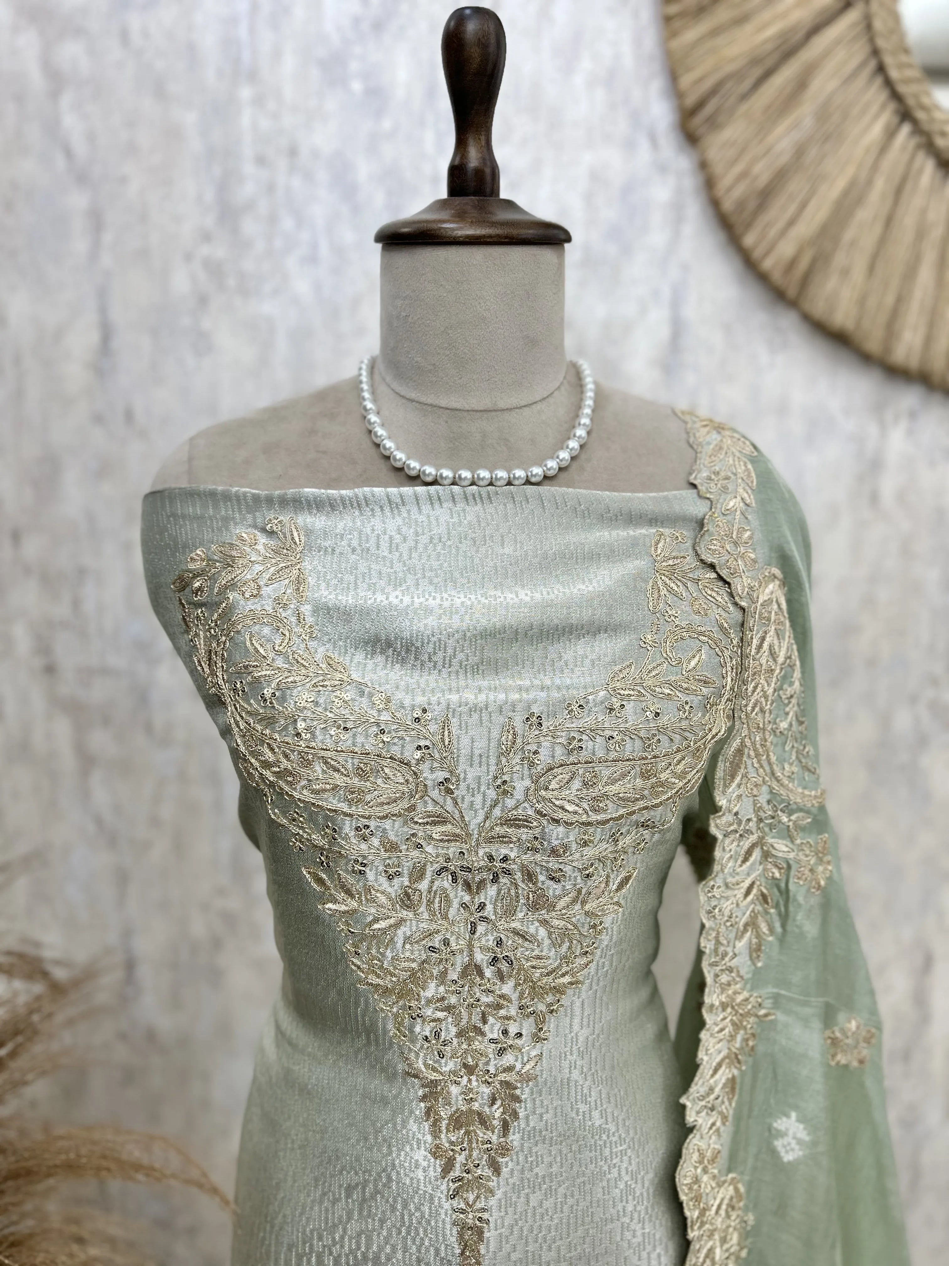 Brocade Silk Unstitched Suit Set With Silk Dupatta