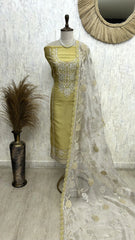 Mannequin wearing a light green traditional outfit with a white embroidered dupatta against a neutral background.
