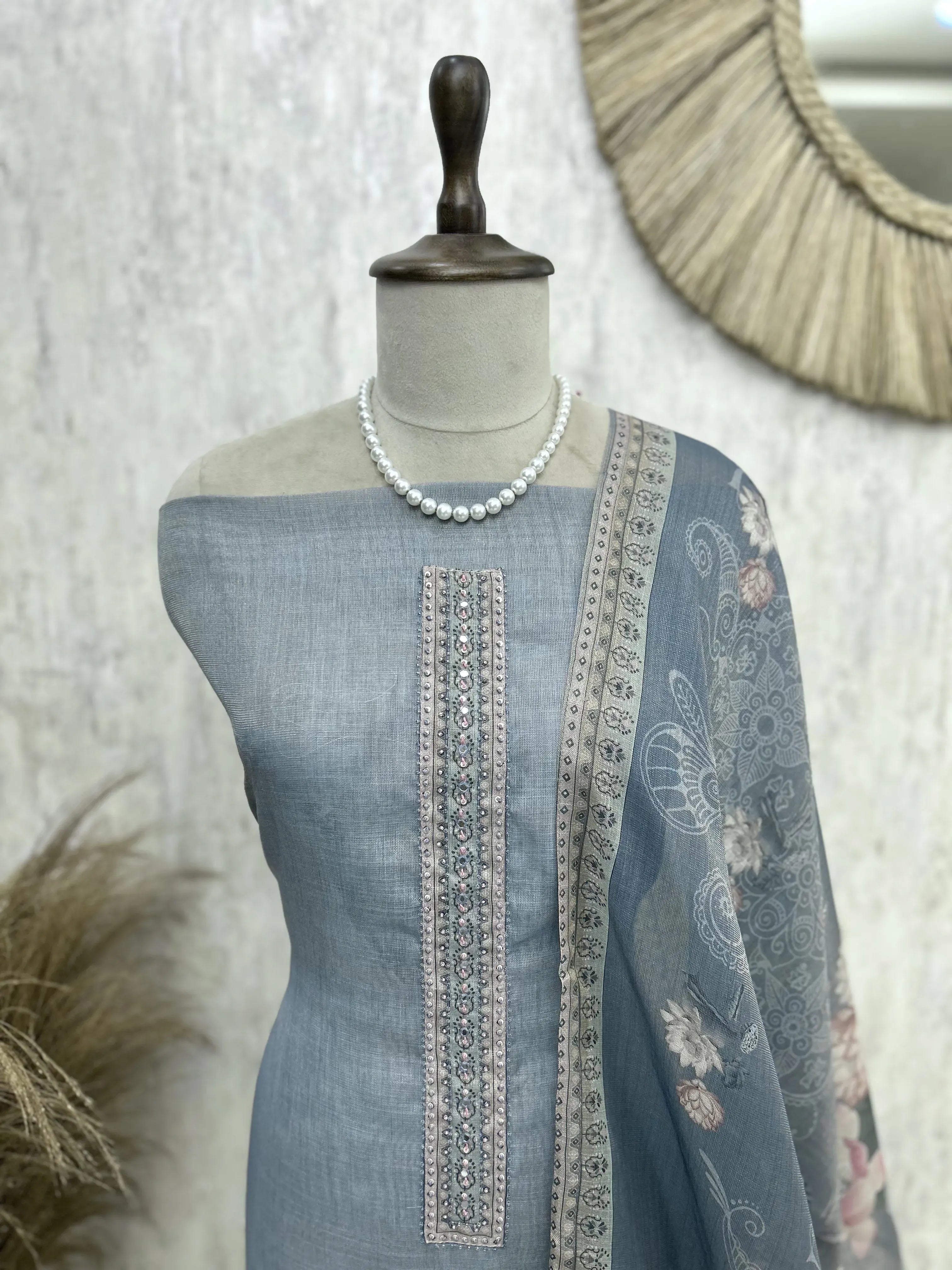 Tissue Linen Unstitched Suit Set With Kantha Work