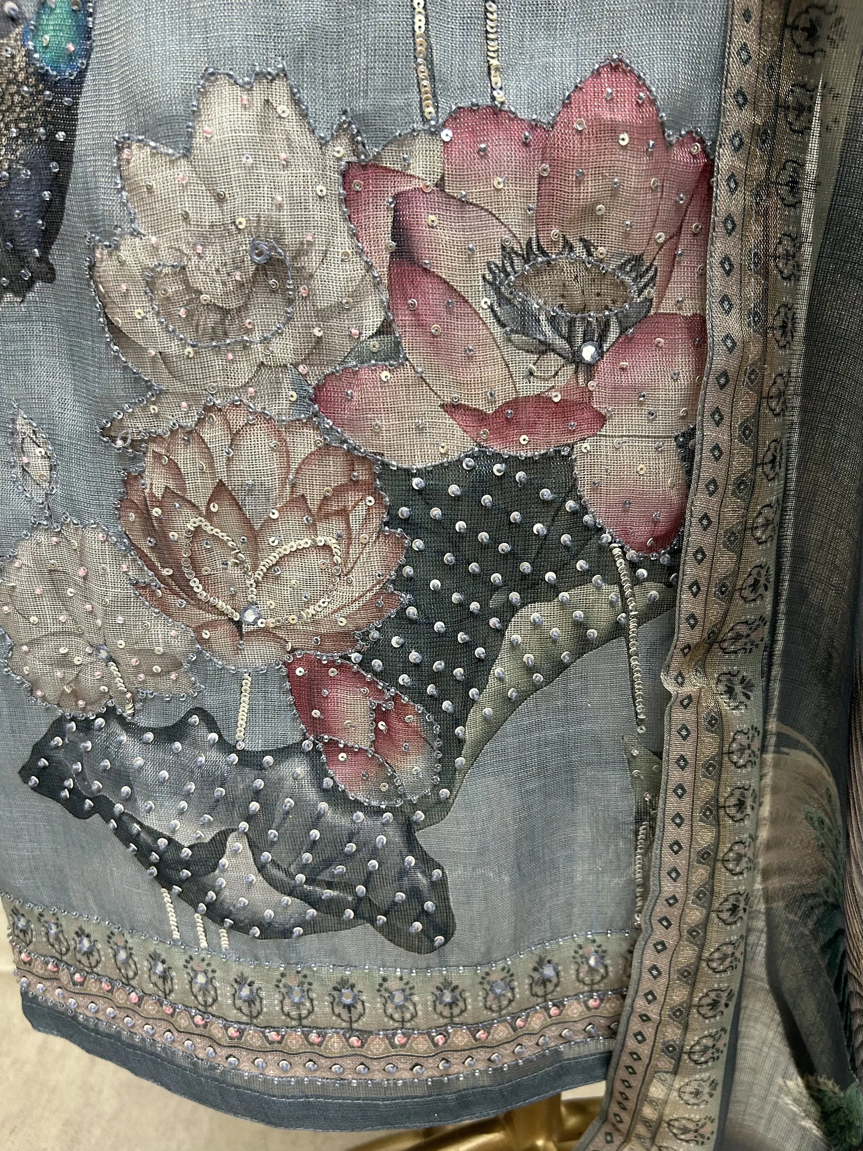 Tissue Linen Unstitched Suit Set With Kantha Work