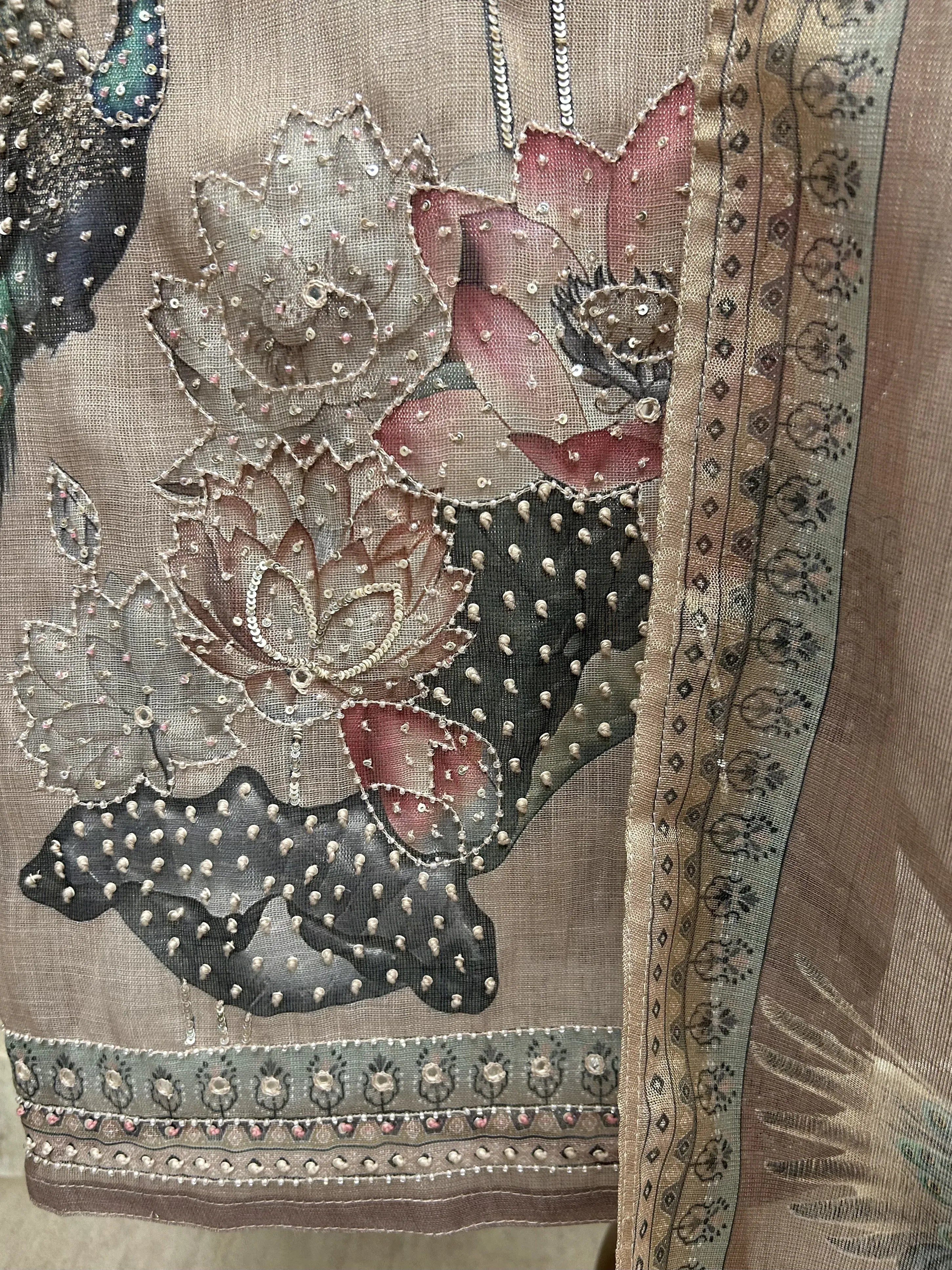 Tissue Linen Unstitched Suit Set With Kantha Work