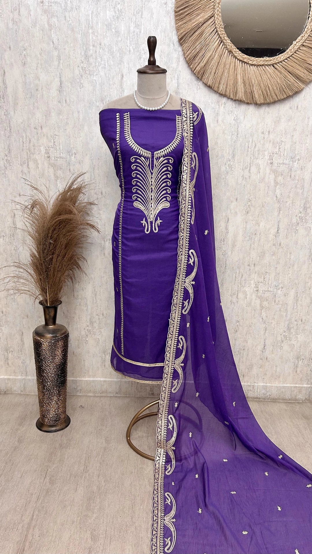 Mul Chanderi Unstitched Suit Set With Zari Work