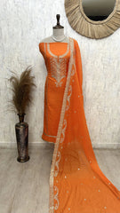 Mul Chanderi Unstitched Suit Set With Zari Work