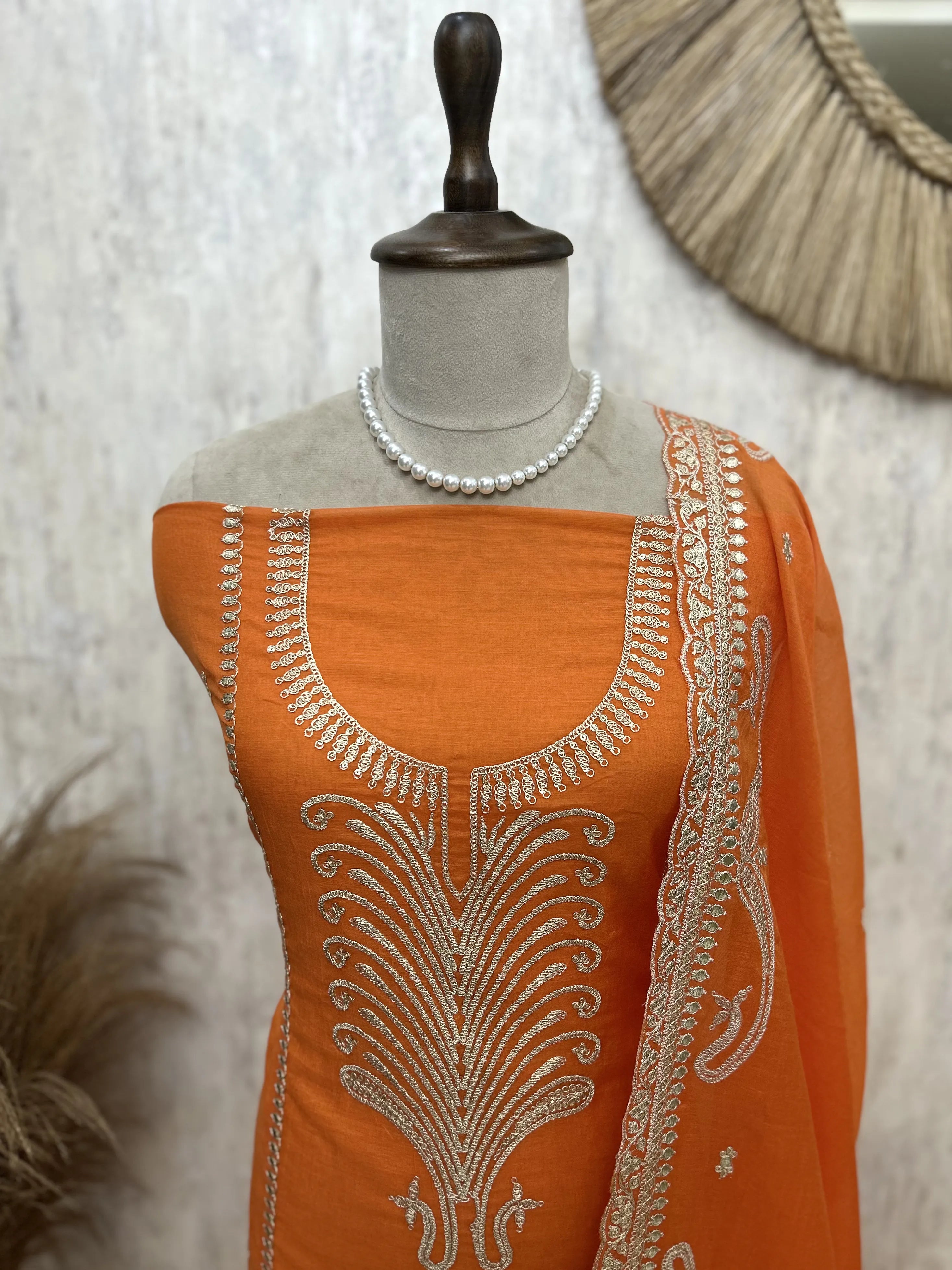 Mul Chanderi Unstitched Suit Set With Zari Work