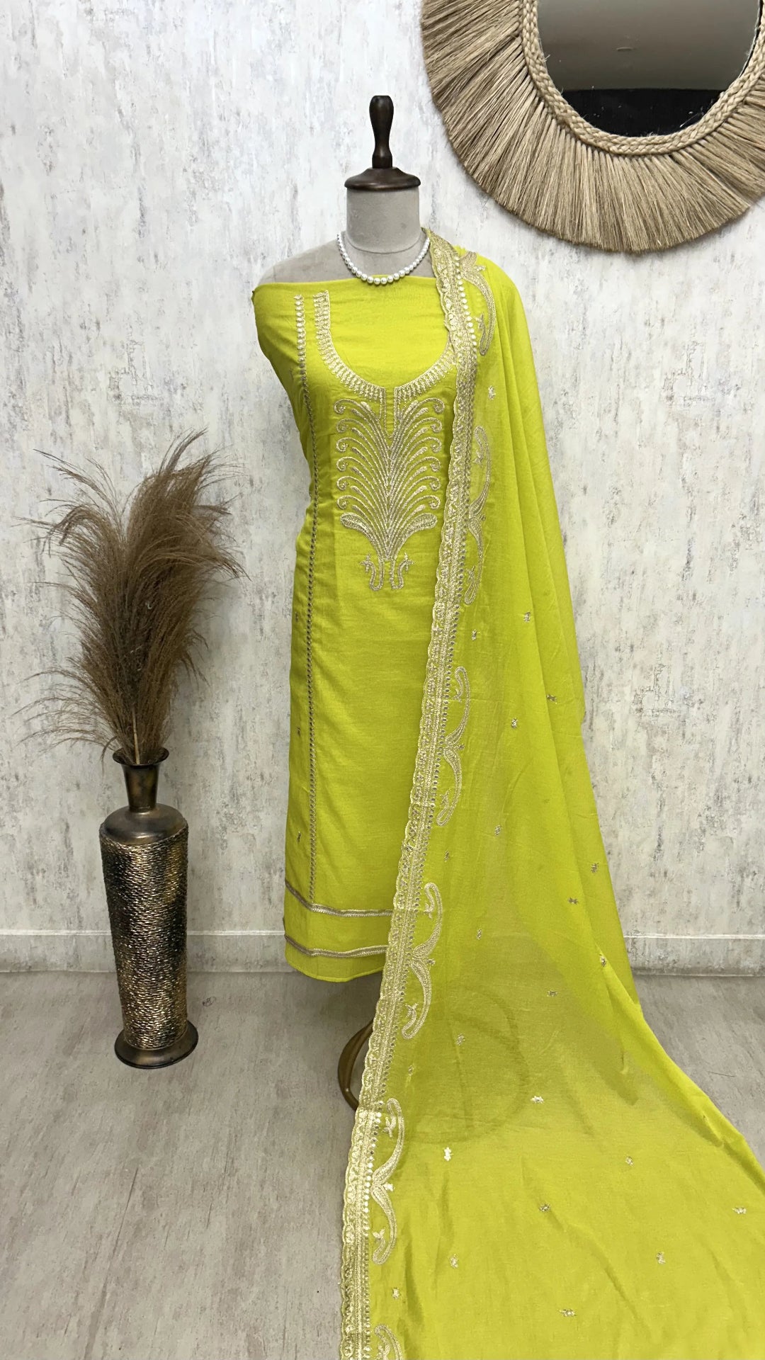 Mul Chanderi Unstitched Suit Set With Zari Work