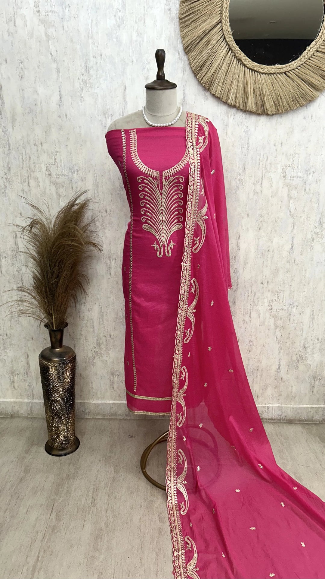 Mul Chanderi Unstitched Suit Set With Zari Work