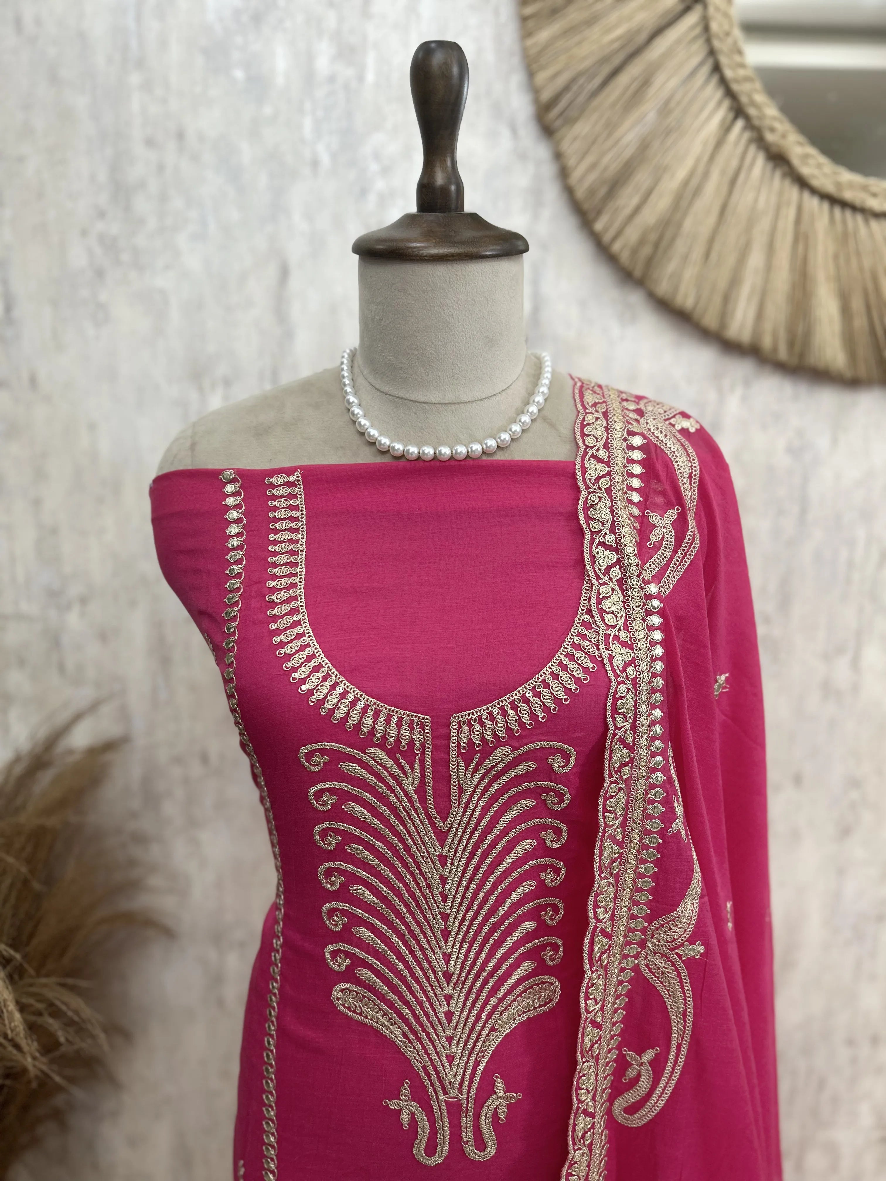 Mul Chanderi Unstitched Suit Set With Zari Work