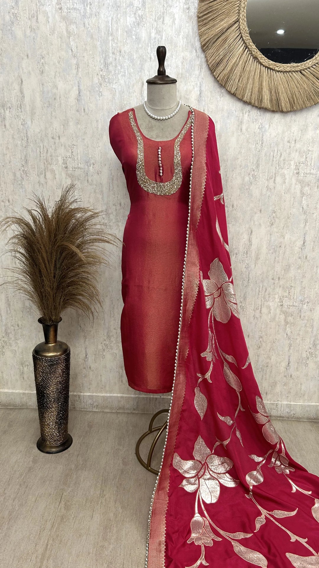 Tissue Unstitched Suit Set With Silk Dupatta And Sequence Work