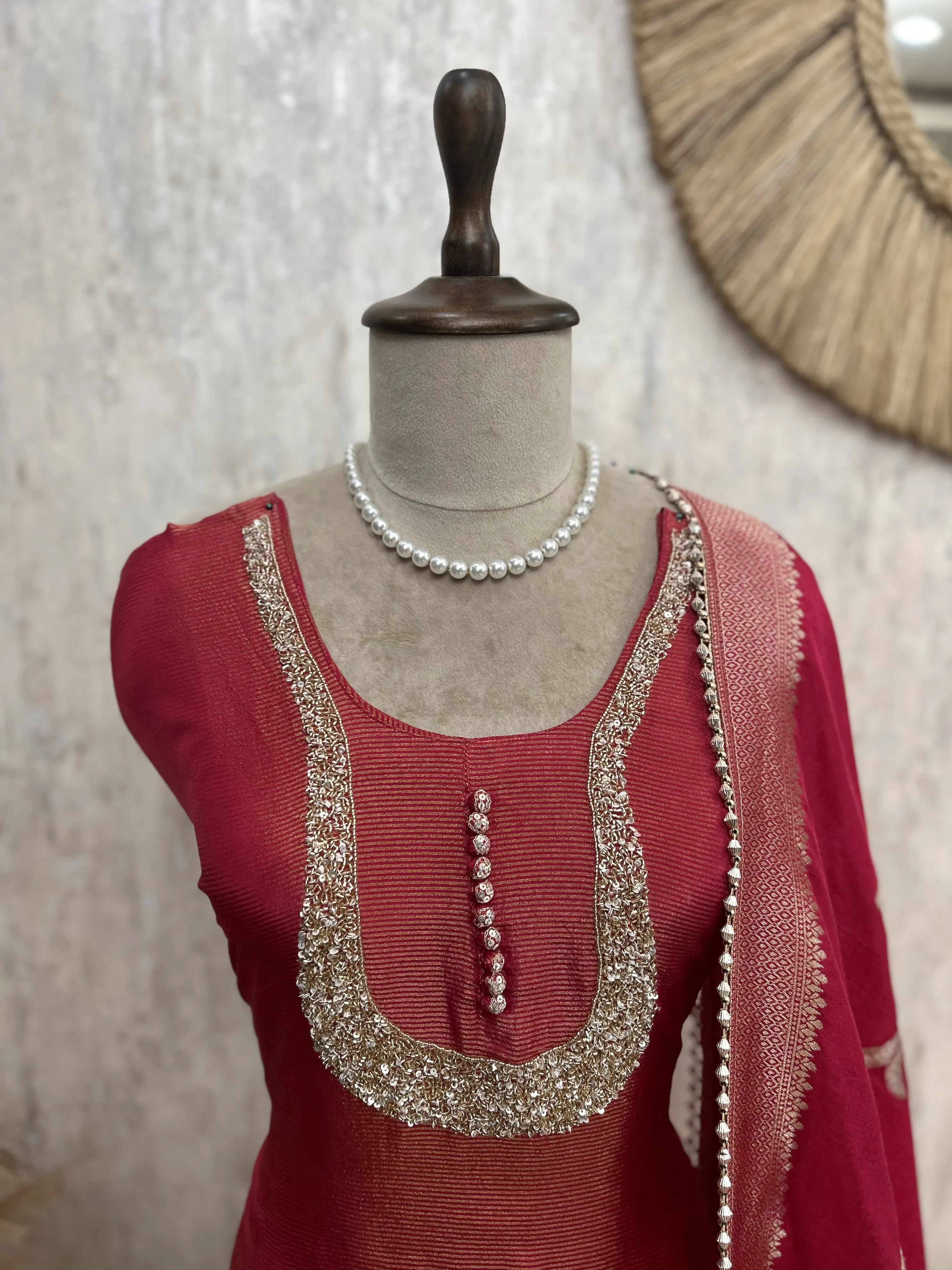 Tissue Unstitched Suit Set With Silk Dupatta And Sequence Work