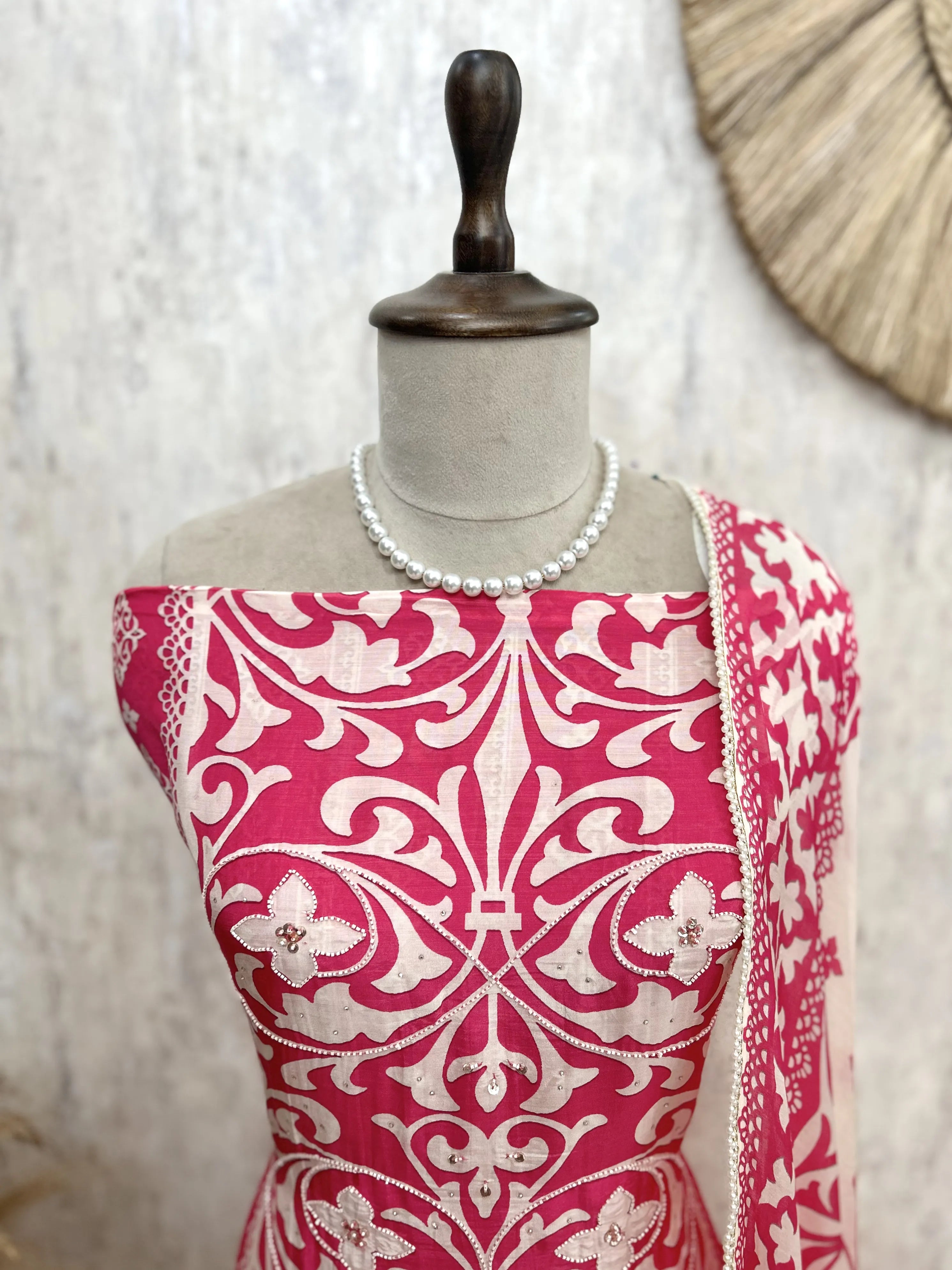 Printed Muslin Unstitched Suit Set With Detailing Of Pearl Work