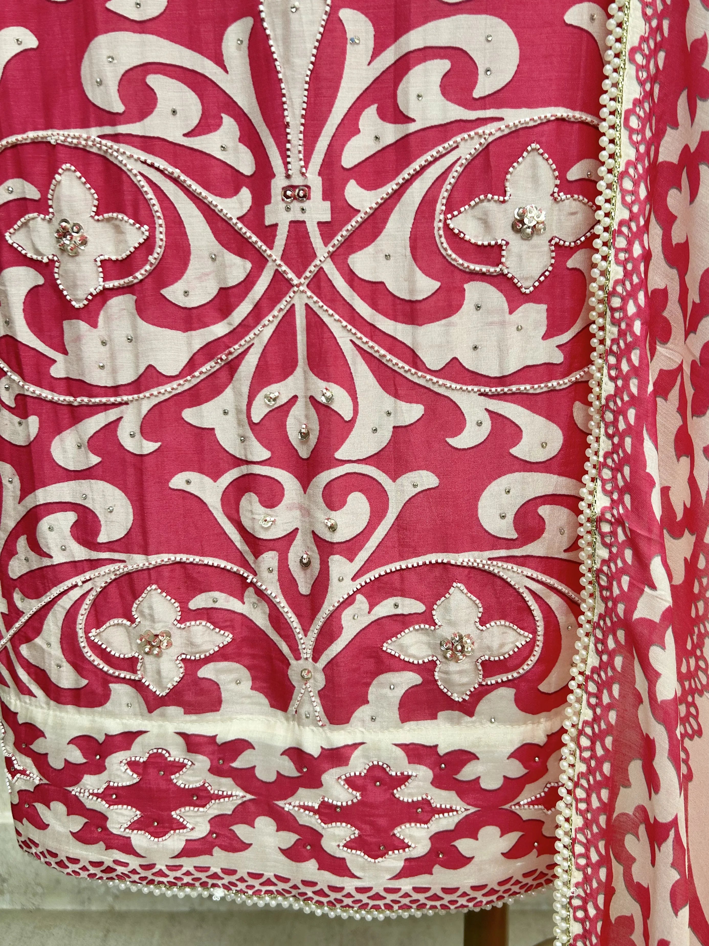 Printed Muslin Unstitched Suit Set With Detailing Of Pearl Work