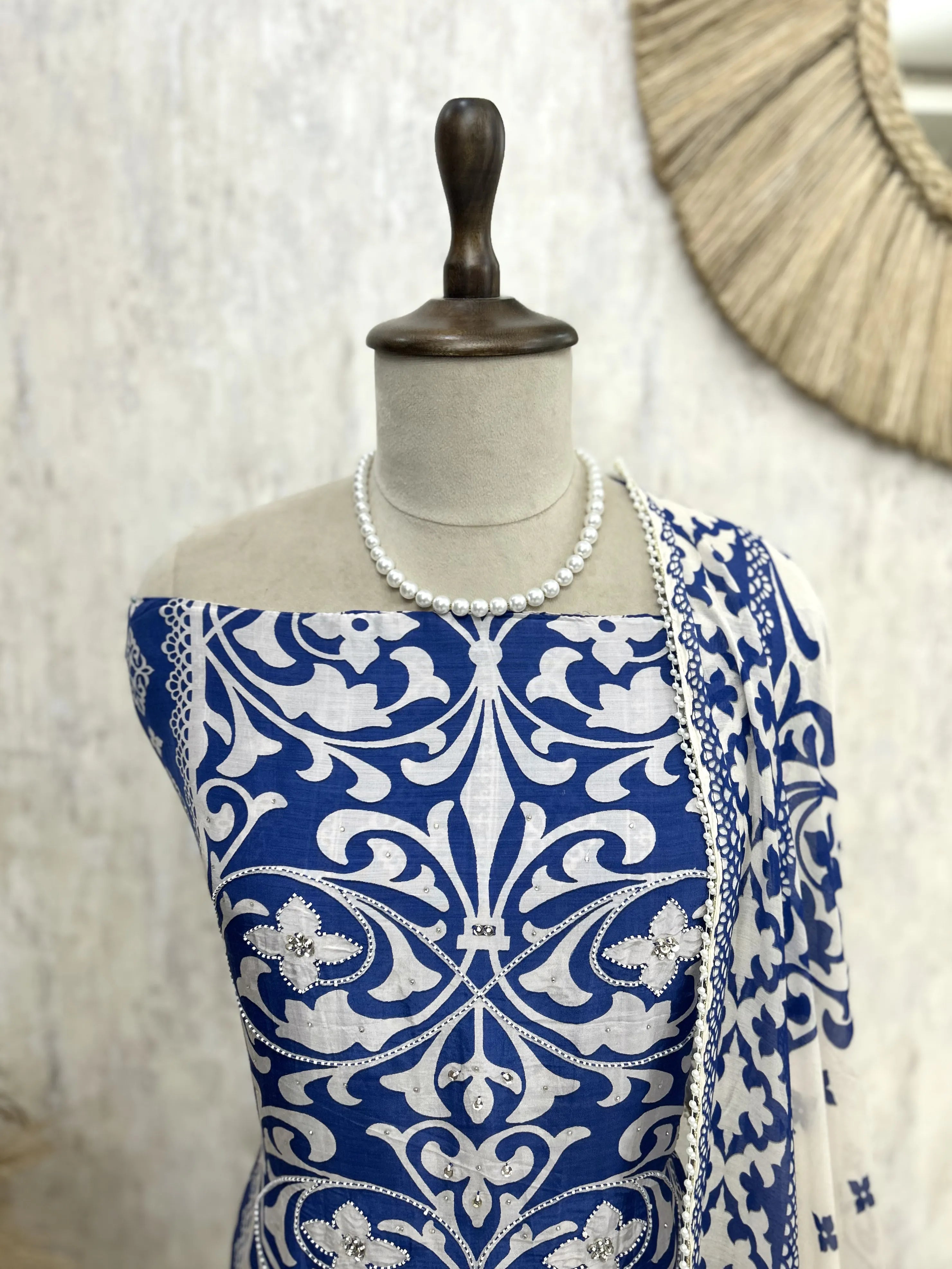 Printed Muslin Unstitched Suit Set With Detailing Of Pearl Work