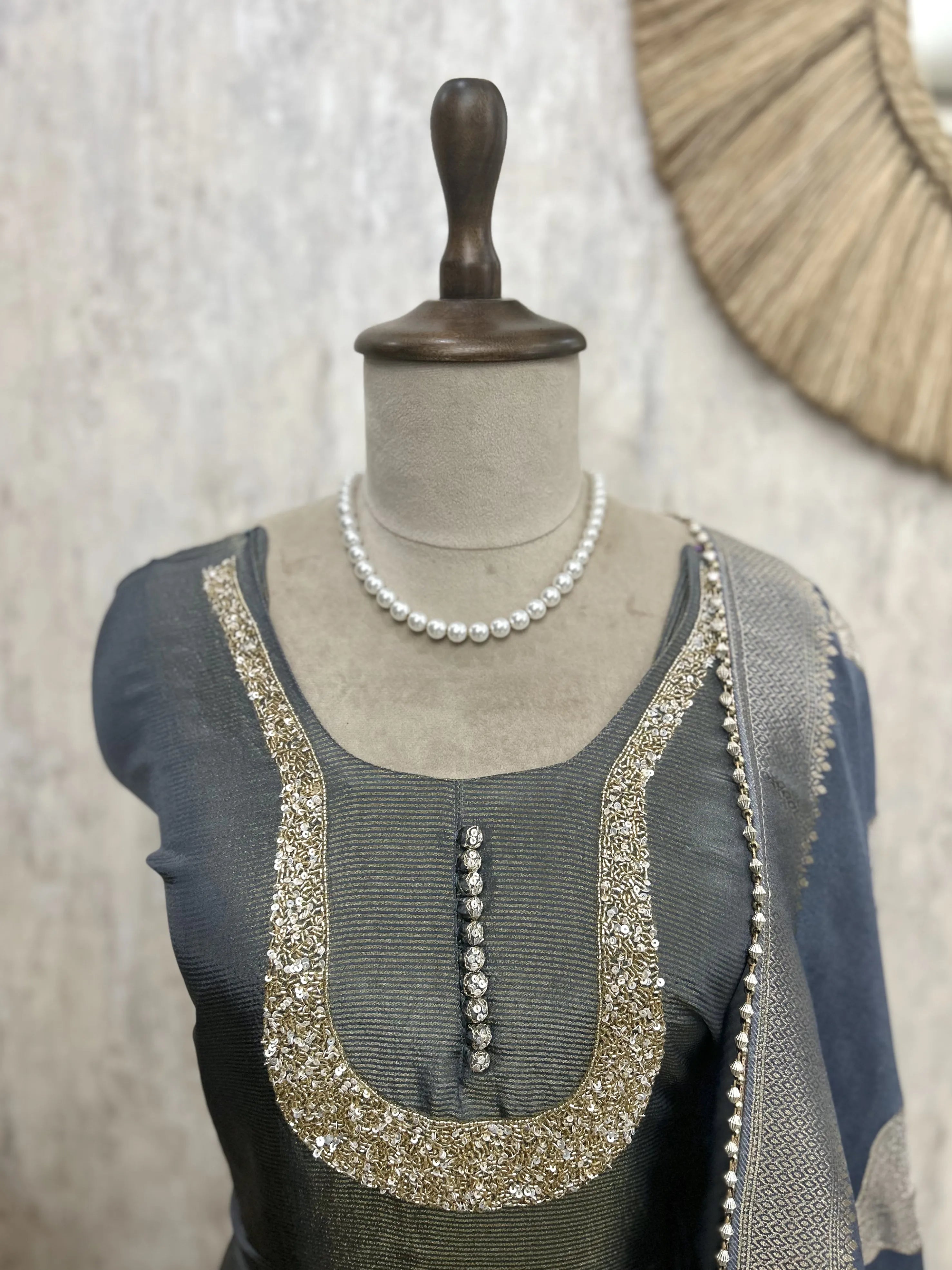 Tissue Unstitched Suit Set With Silk Dupatta And Sequence Work