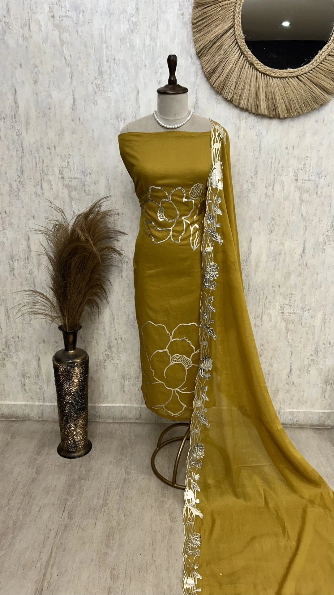 Mul Chanderi Unstitched Suit Set With Mul Chanderi Dupatta