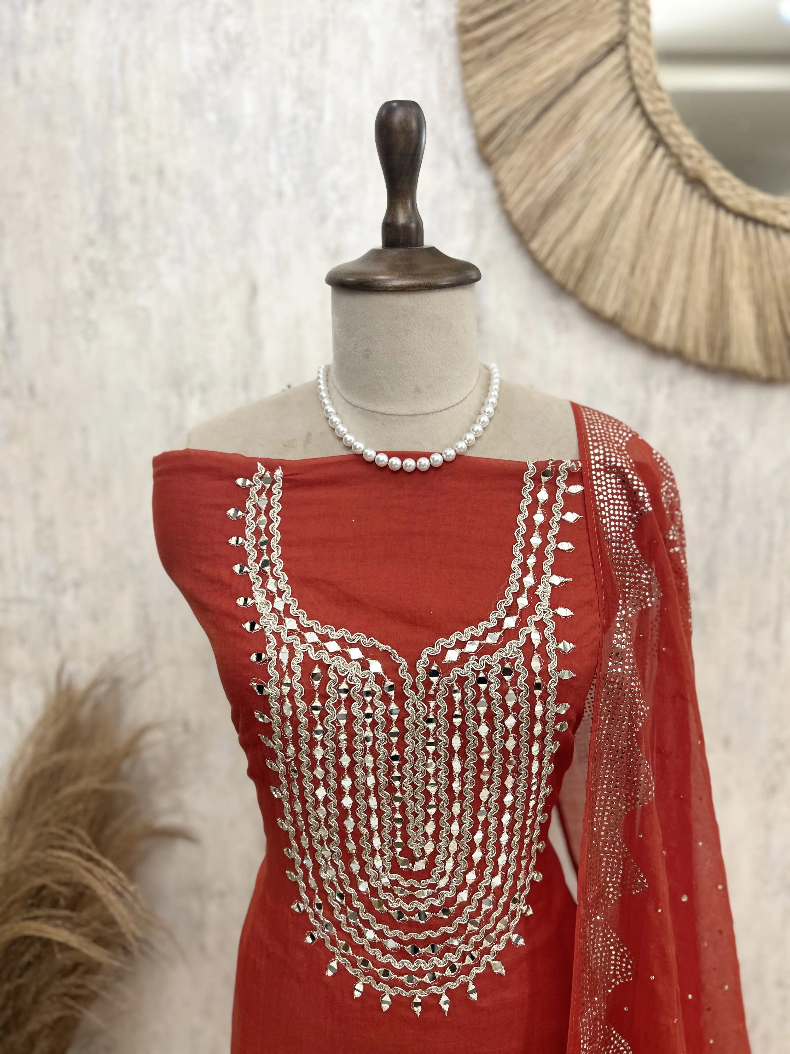 Mul Chanderi Unstitched Suit Set Featuring Mukesh Work