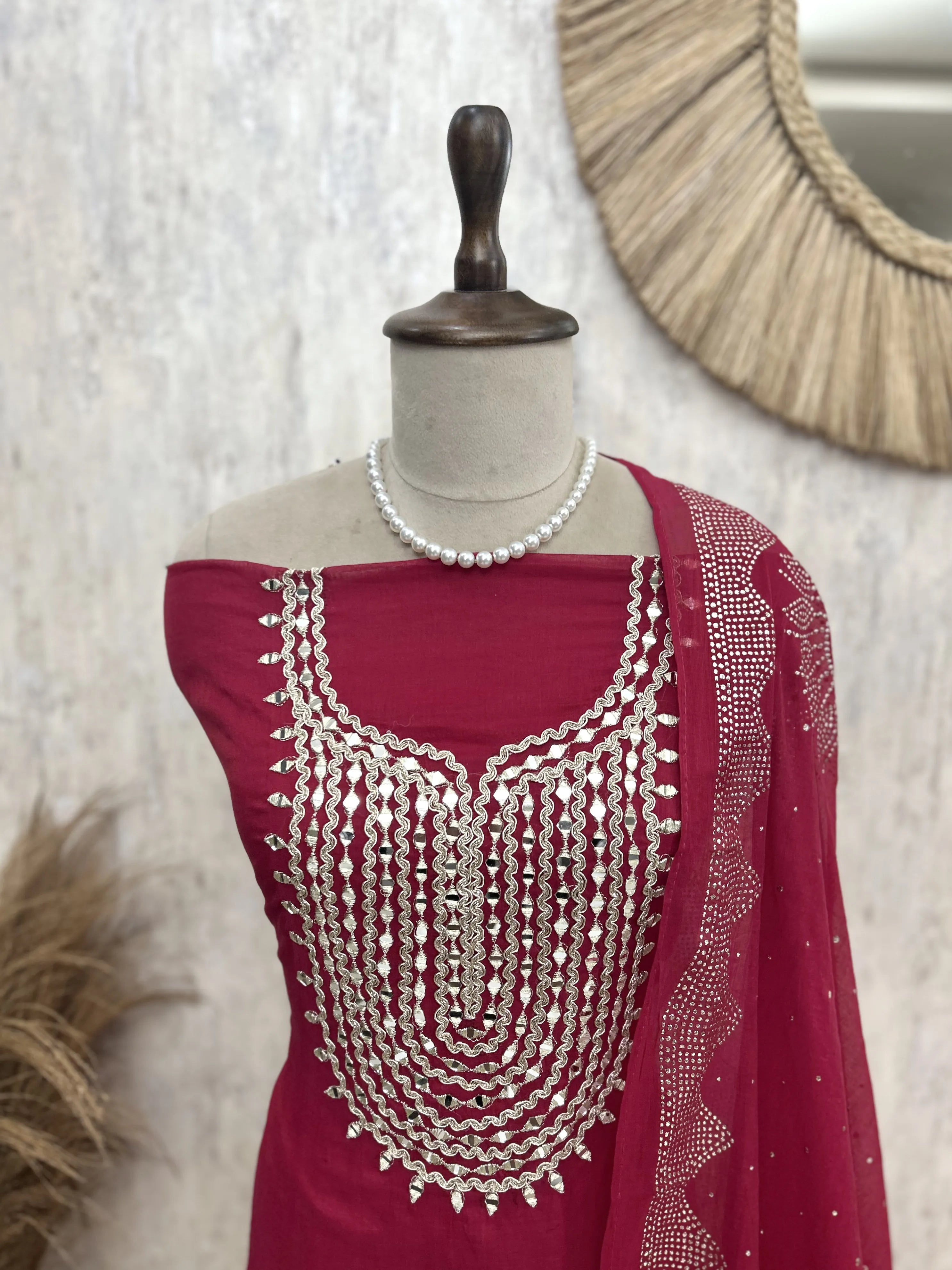 Mul Chanderi Unstitched Suit Set Featuring Mukesh Work