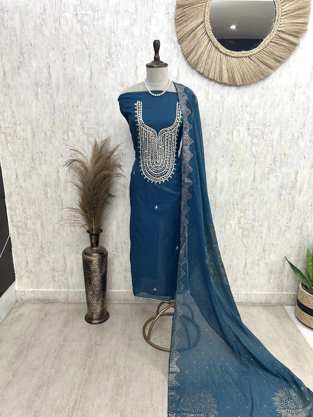 Mul Chanderi Unstitched Suit Set Featuring Mukesh Work