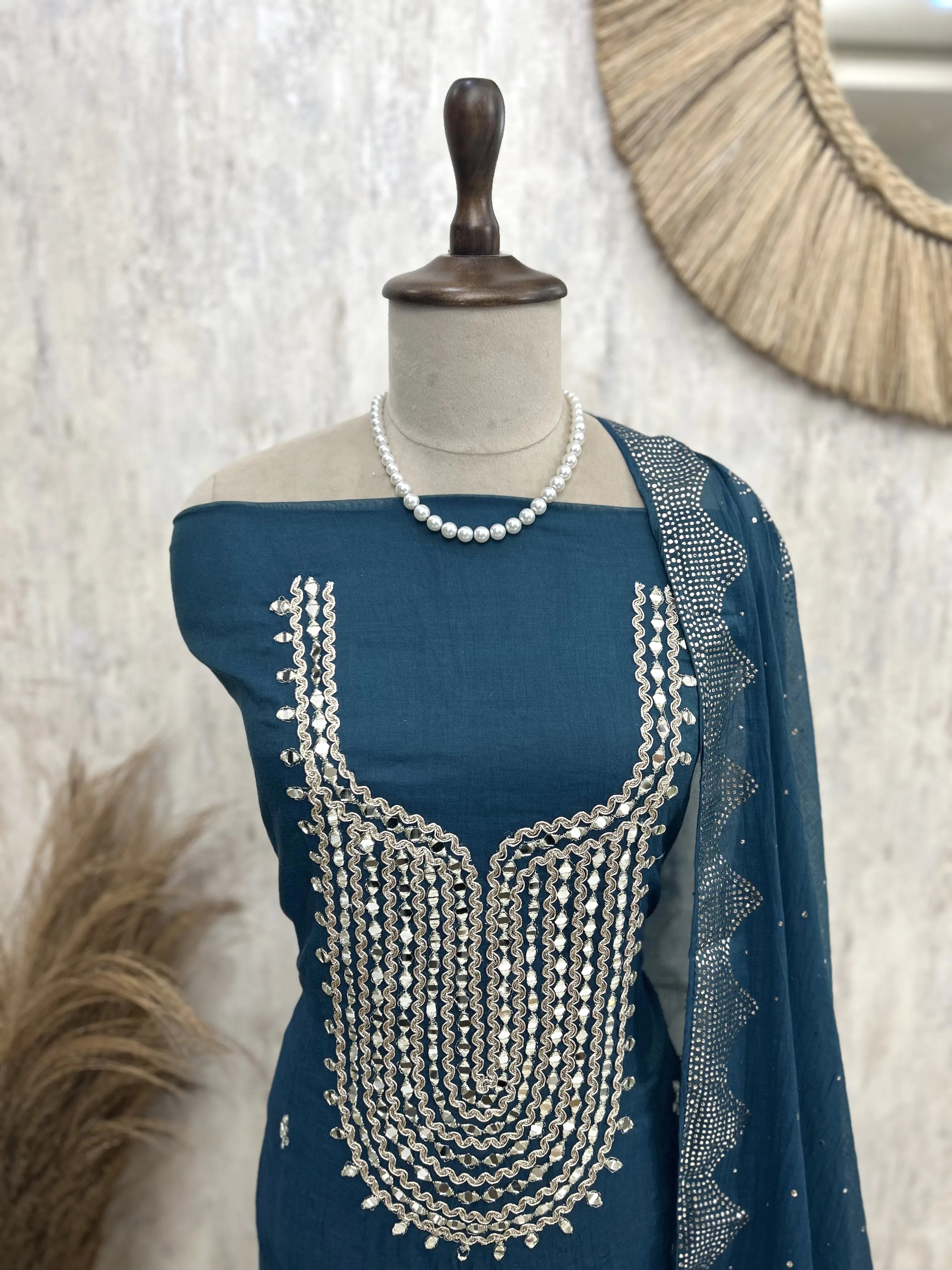 Mul Chanderi Unstitched Suit Set Featuring Mukesh Work