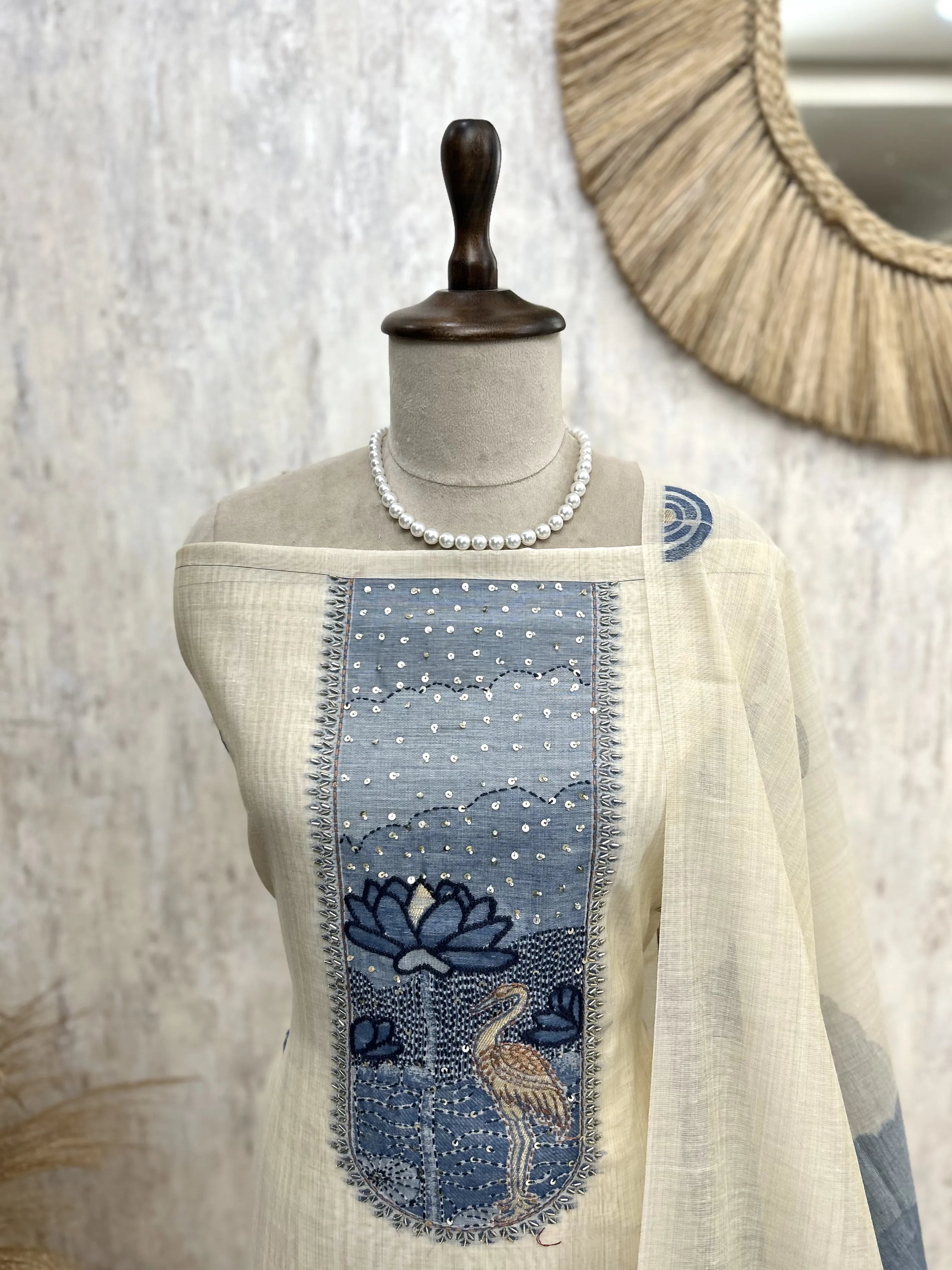 Jamdani Linen Unstitched Suit Set With Sequence and Kutdana Detailing On Neckline