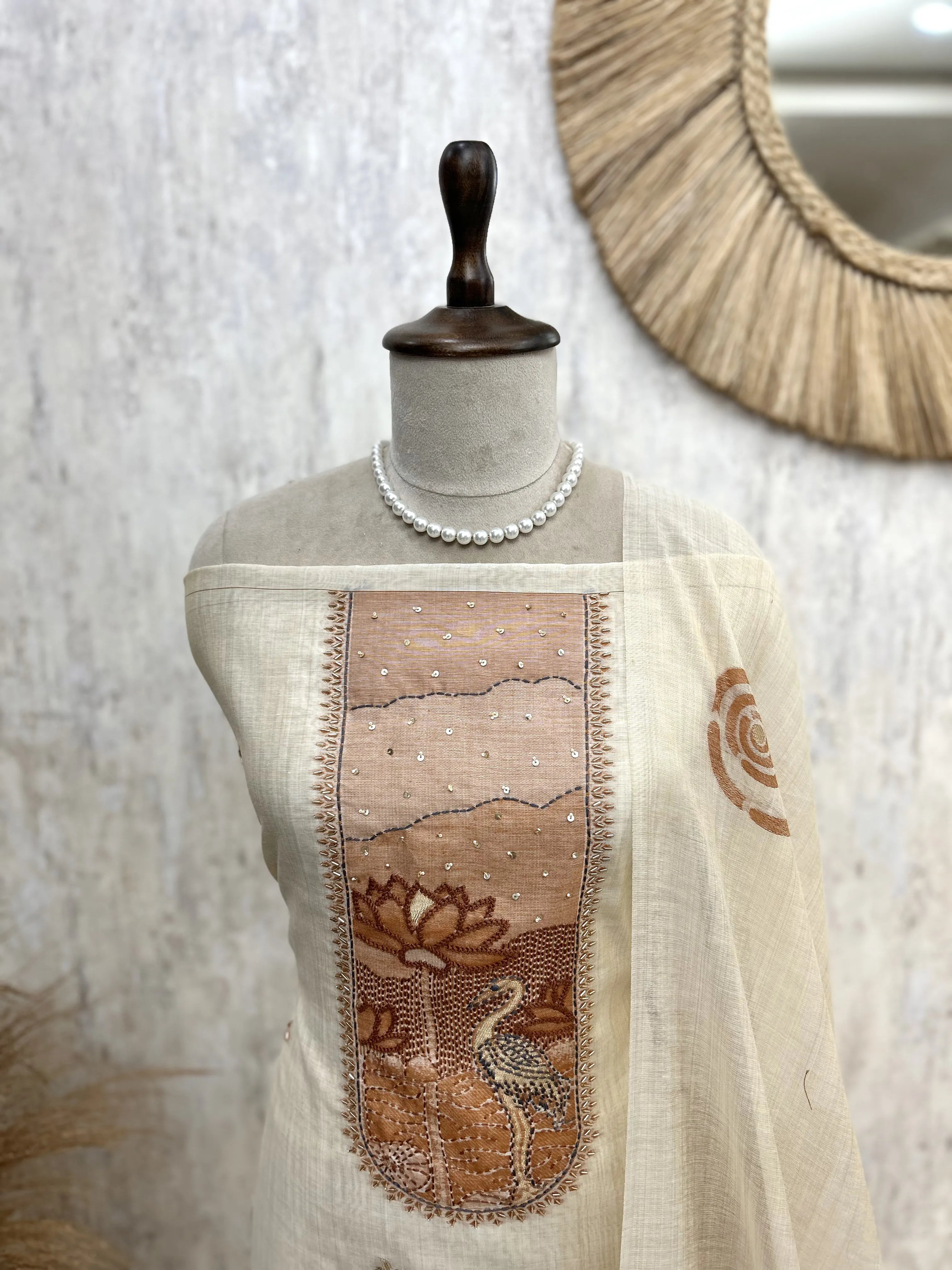 Jamdani Linen Unstitched Suit Set With Sequence and Kutdana Detailing On Neckline