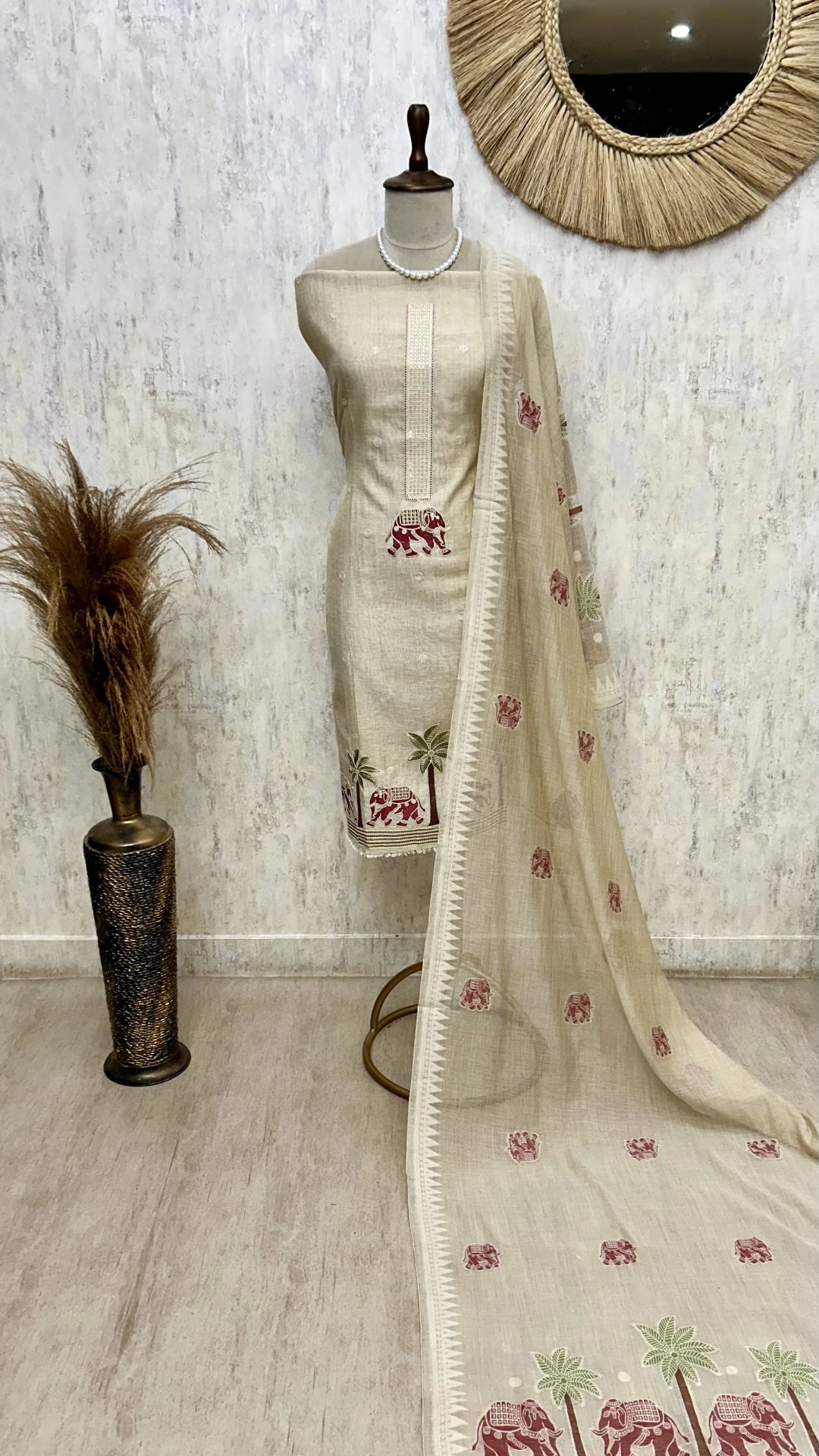 Jamdani Linen Unstitched Suit Set Featuring Applique Work