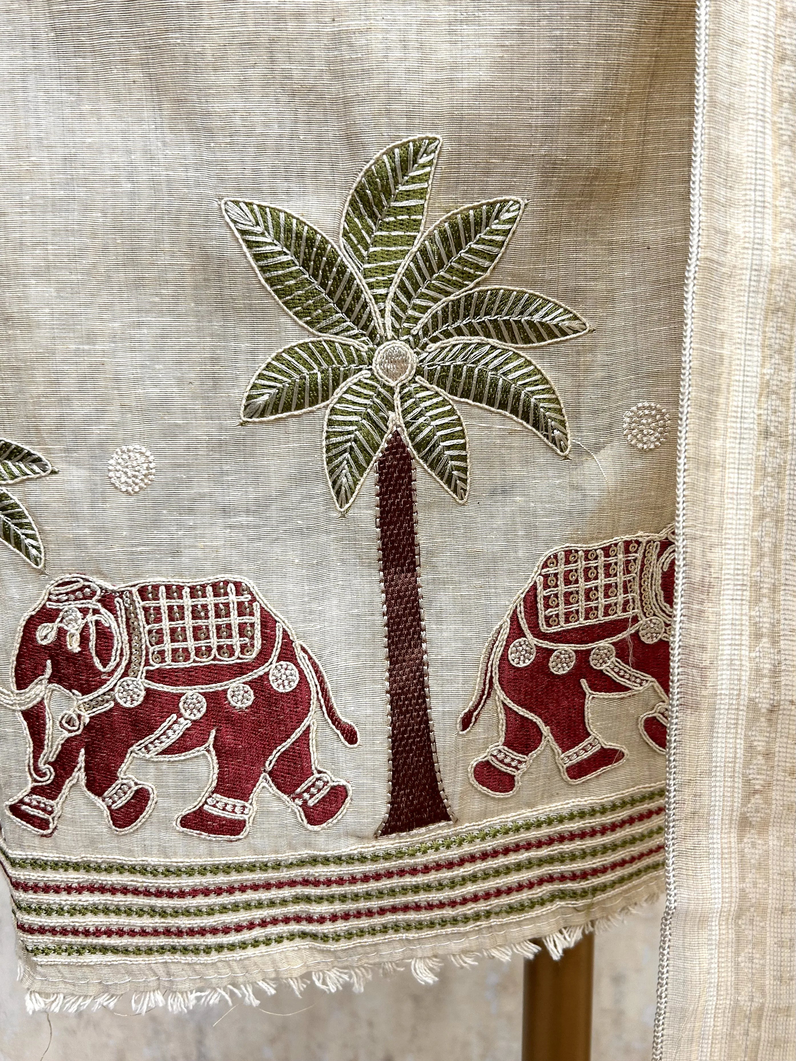 Jamdani Linen Unstitched Suit Set Featuring Applique Work